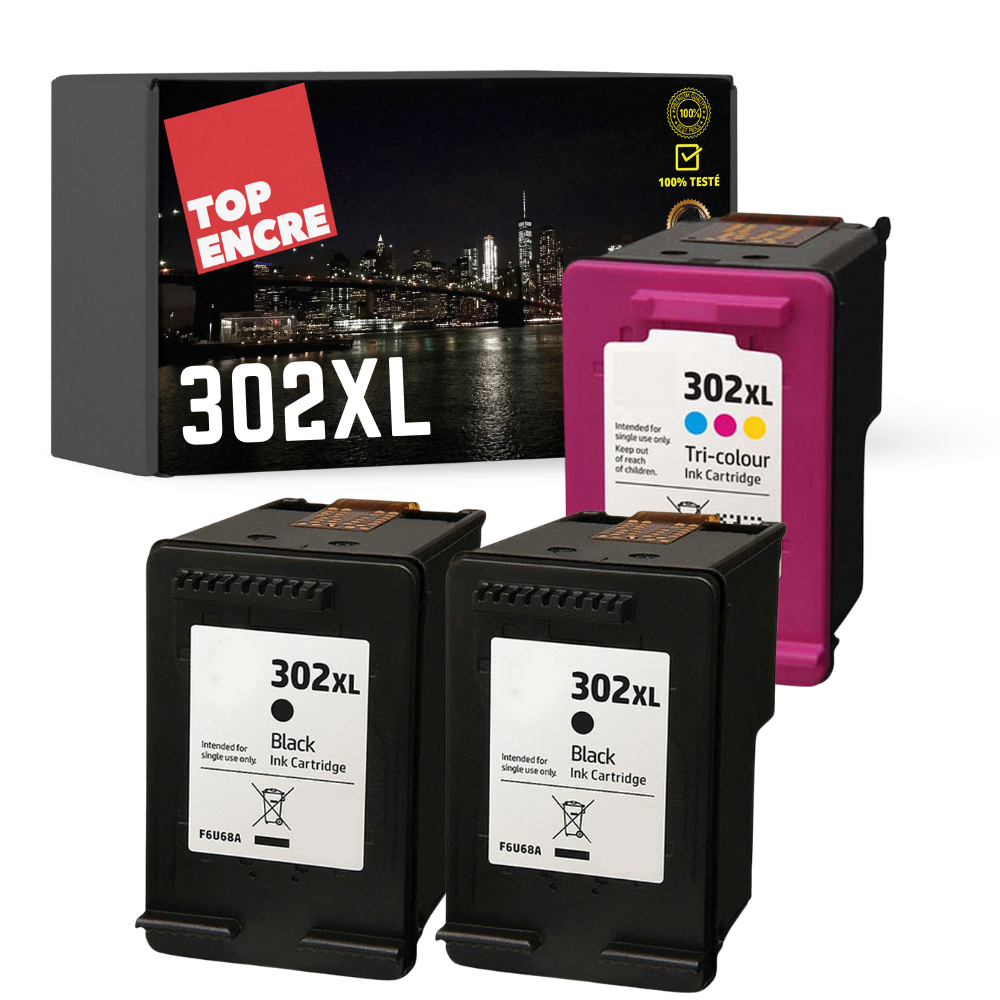 Pack 3 cartouches compatible avec HP 302 XL (2 noirs + 1 couleur)