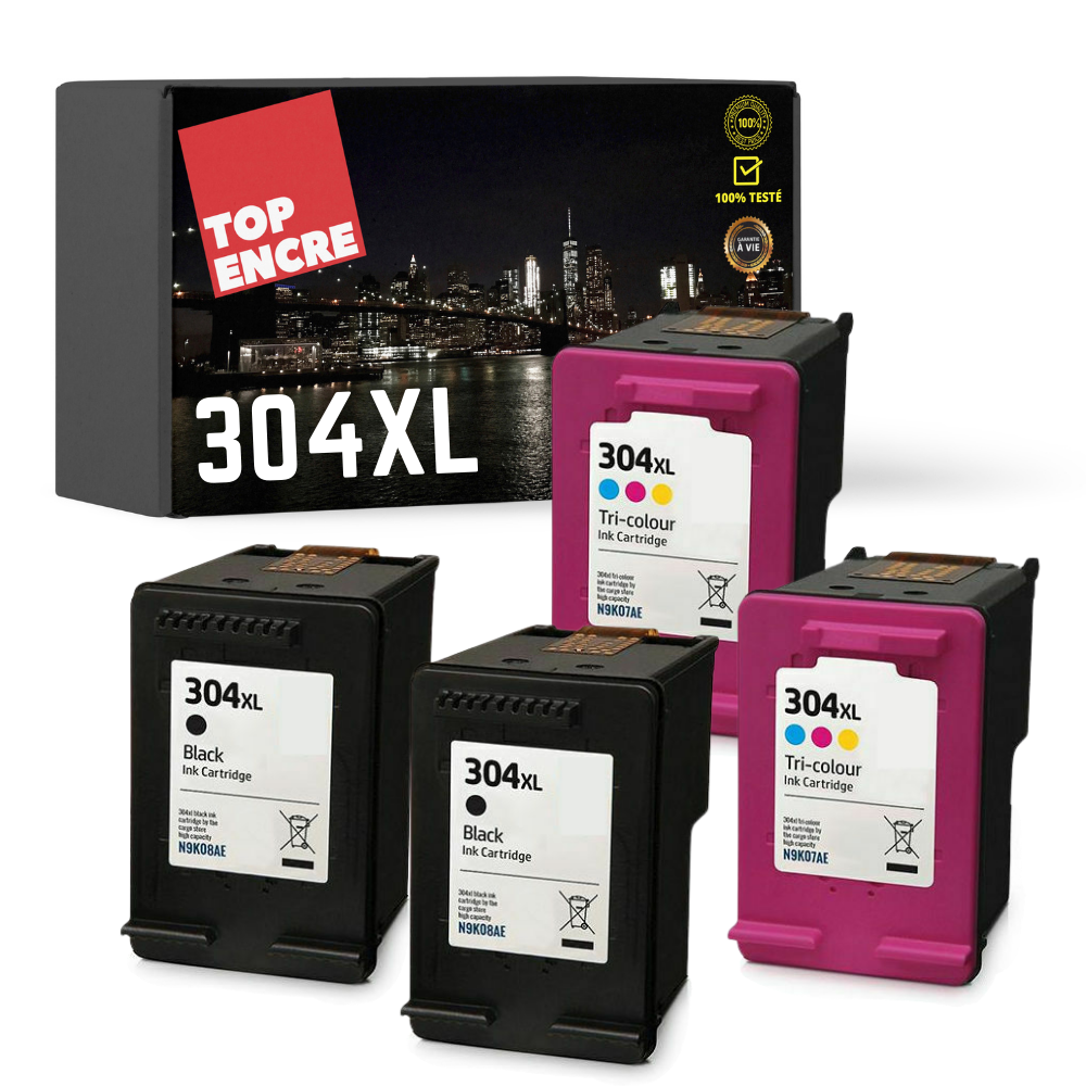 Pack 4 cartouches compatible avec HP 304 XL (2 noirs + 2 couleurs)