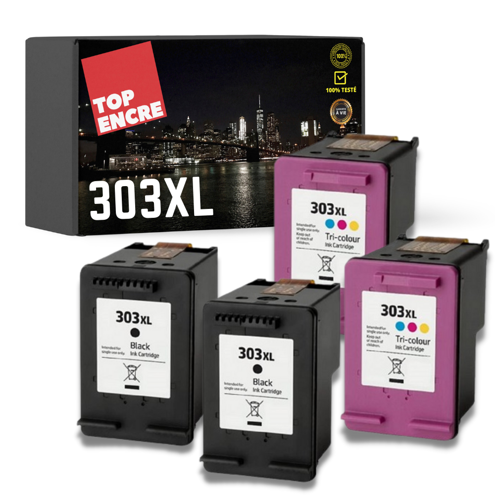 Pack 4 cartouches compatible avec HP 303XL (T6N04AE/T6N03AE) (2 noirs et 2 couleurs)