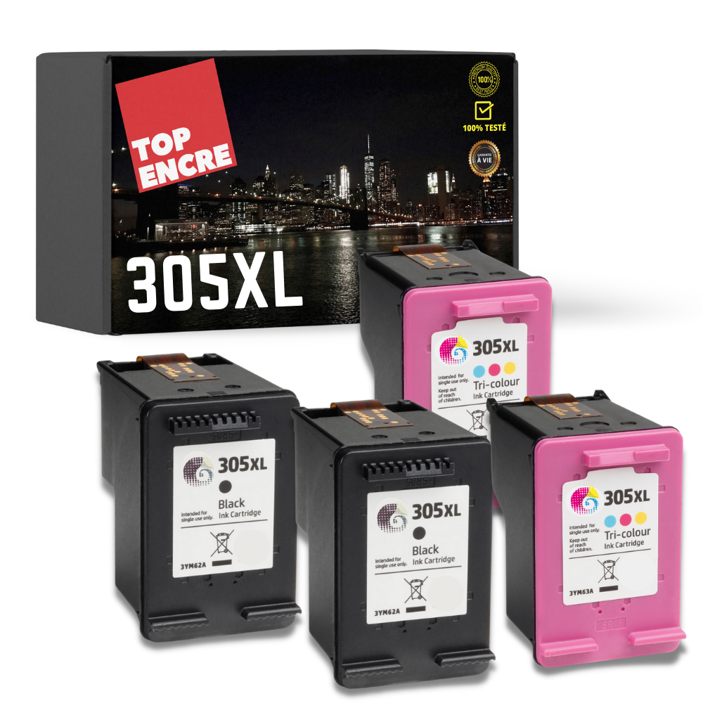 Pack 4 cartouches compatible avec HP 305XL (2 noirs + 2 couleurs)