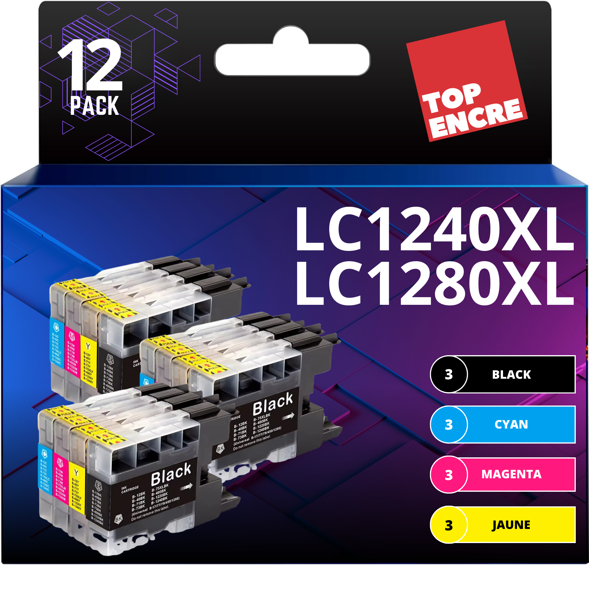 Pack compatible BROTHER LC1240/LC1280, 12 cartouches