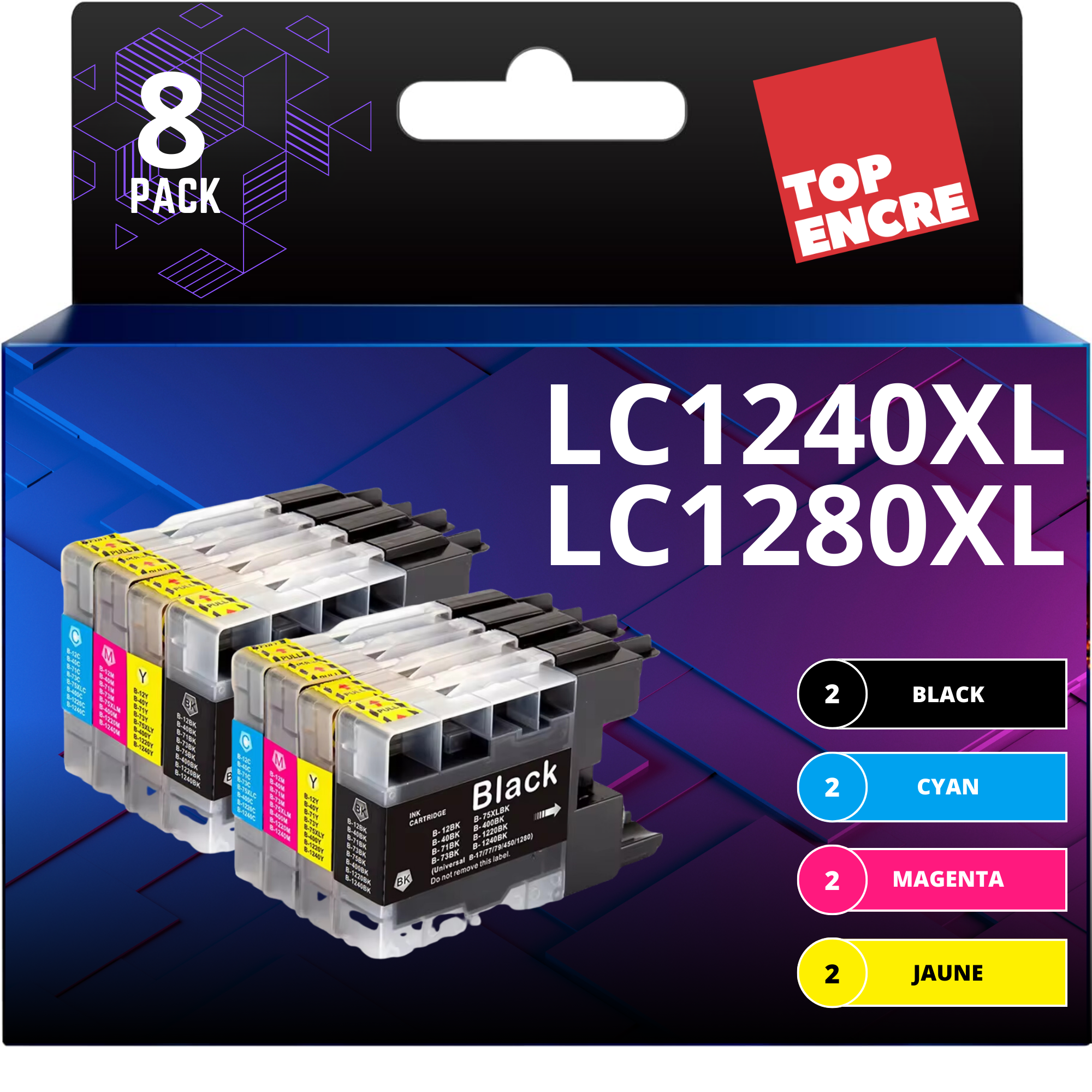 Pack compatible BROTHER LC1240/LC1280, 8 cartouches